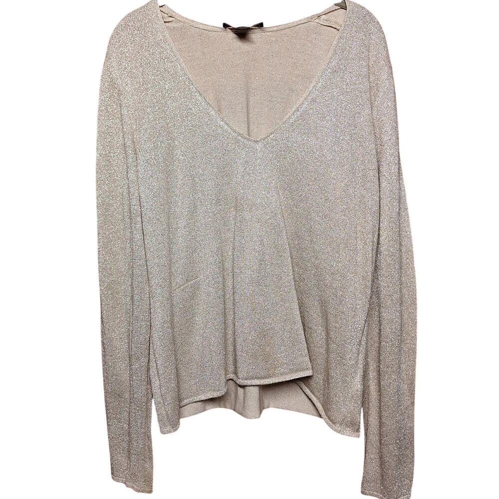 St John champagne metallic sparkle thread would blend v neck sweater knit gold